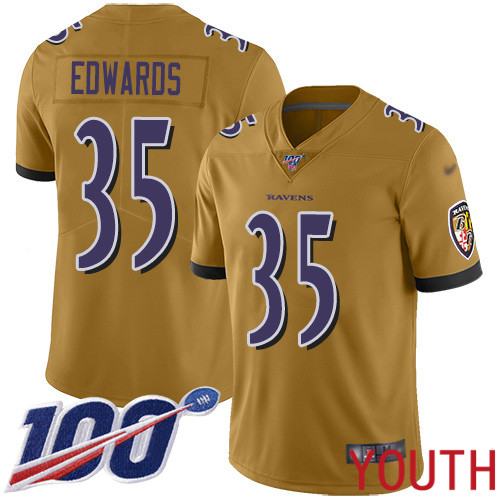 Baltimore Ravens Limited Gold Youth Gus Edwards Jersey NFL Football 35 100th Season Inverted Legend